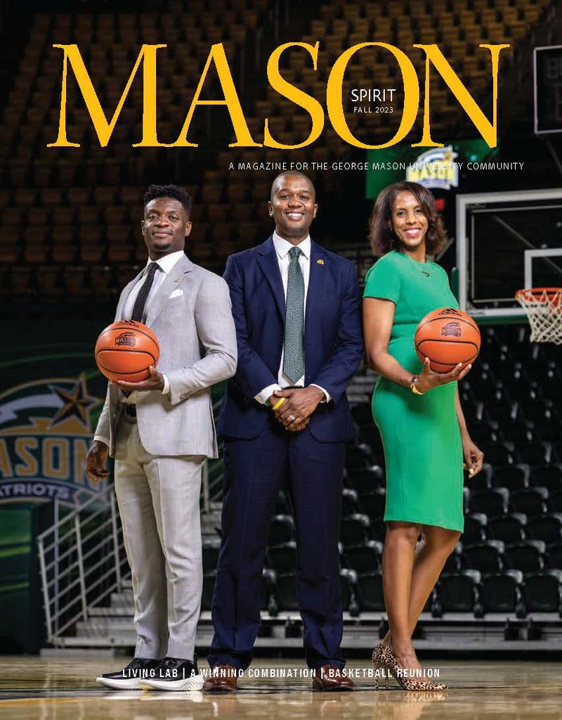 Cover of the Fall 2023 Mason Spirit Magazine edition, which features members of the basketball team staff standing on a court